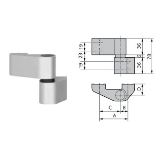 WSS 2D Aluminium-Türband, 2-teilig Drehpunkt 25 mm Achsmaß 63mm rechts/links verwendbar