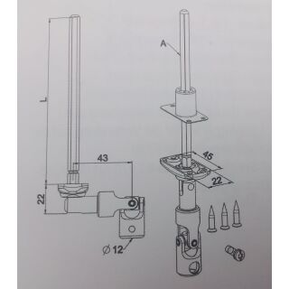 Gelenklager mit 6mm Vierkantstange, Länge 300mm, 12mm Bolzendurchmesser,