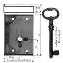 Kastenschloss Eisen mit Schlüssel aus Gusseisen Dorn 70mm Links