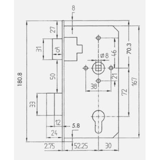 BEVER Einsteckschloss 400P4 55/72/8 Flachstulp 33x179 mit 4 Befestigungshülsen VKW1/222