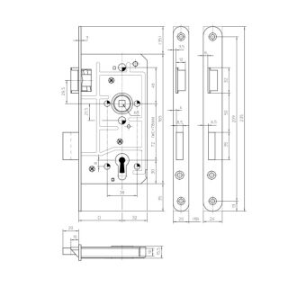 Einsteckschloß 60/72/20 mm links Edelstahlstulp geb.BB mit 1 Schlüssel , ohne Wechsel, Riegel 2-tourig VKW2/11