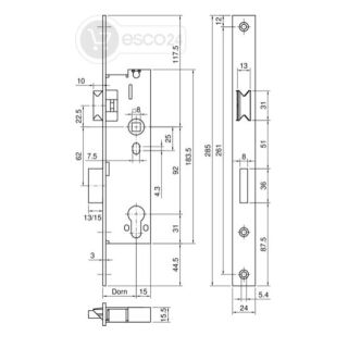 Systeq Wilka Rohrrahmenschloss 1433 40/92/8 Flachstulp 24x285 Falle/Riegel 5mm vorstehend VKW1/60