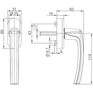 ROTOLINE Secustik Fenstergriff Titan Matt - Lochabstand 43mm - Vierkant 32 x 7mm FachP4231