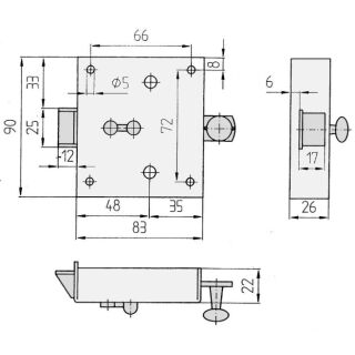 Knopffallenschloss 48 mm Dornmaß 932U - Schnappriegelschloss mit 2 Schlüssel VKW7/56
