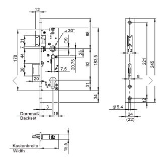 WILKA Anti - Panik - Rohrrahmenschloss Funktion E DIN Links / Rechts einflügelig 40/92/9 U-Stulp 24x6x245mm käntig VKW1/323