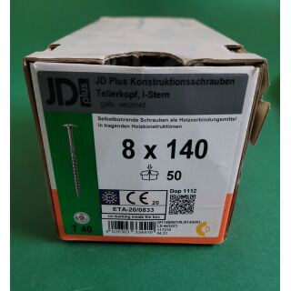 Konstruktionsschraube 8x140 Tellerkopf I-Stern galvanisch verzinkt 50STK Aussenh/Regal1/42