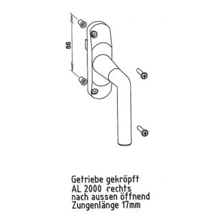 NOTTER Getriebe Nach rechts gekröpft, nach aussen öffnend AL 2000 Zungenlänge 28mm Silber lackiert